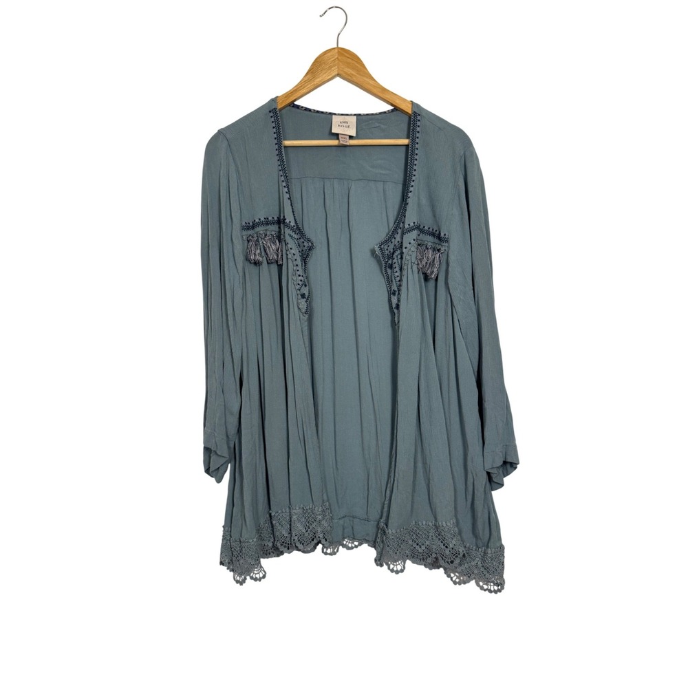 Boho Knox Rose Embroidered Tassel Crochet Lace Cardigan Women XXL Dusty Blue‎
